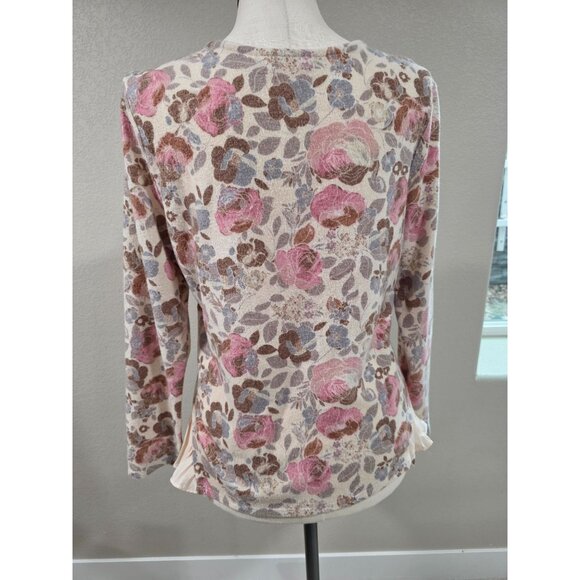 Floral Print Long Sleeve Top With Pleated Chiffon Hem Ivory Pink Beige - Picture 4 of 5